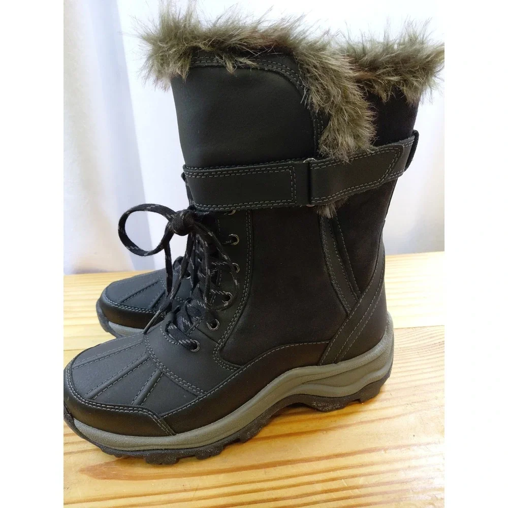 Clarks Mazlyn West Water Resistant Black Leather Fur Winter Boots Size 6.5 New